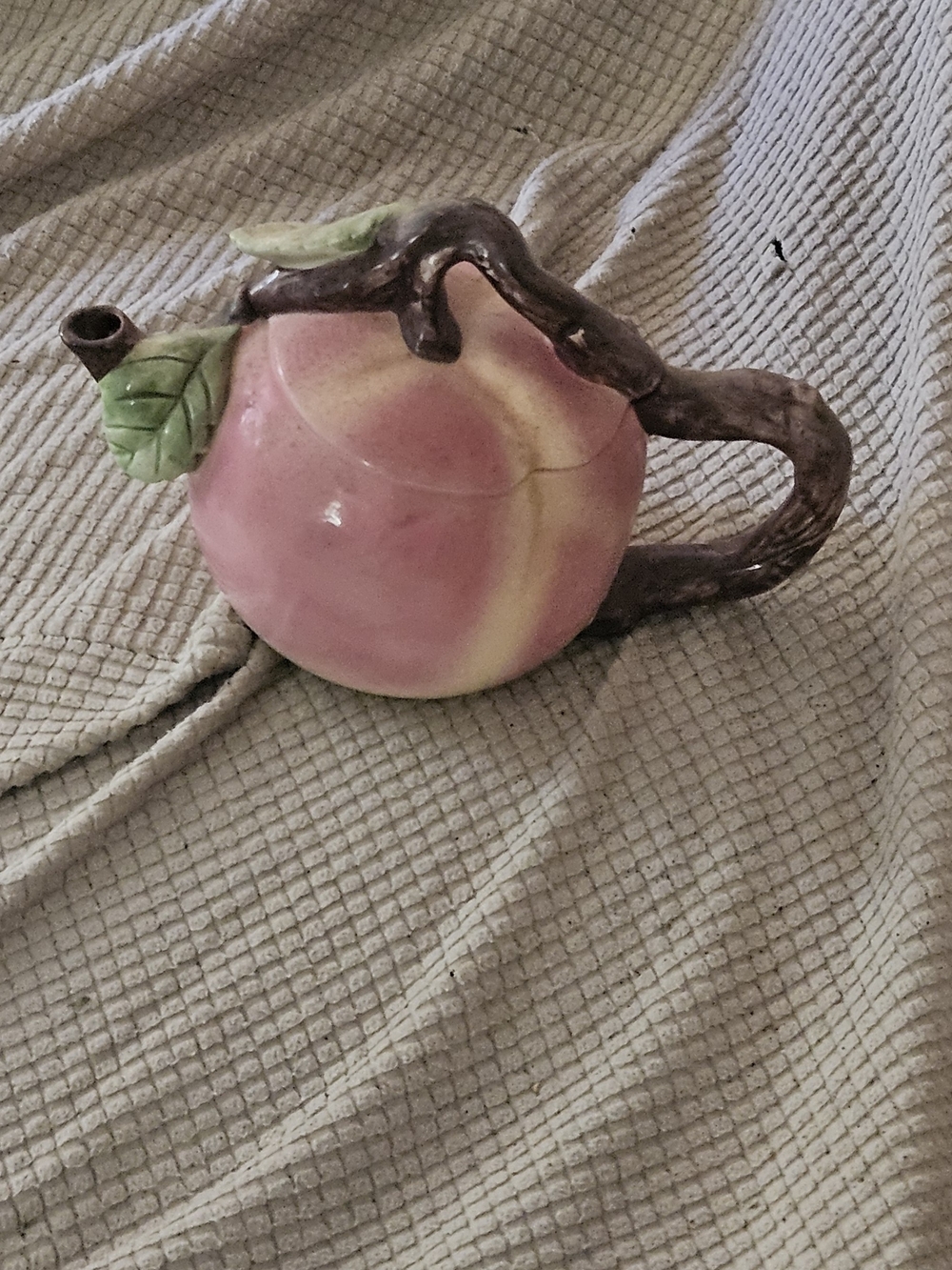 Hand-Painted Pink Peach Ceramic Teapot with Leaf Accent
